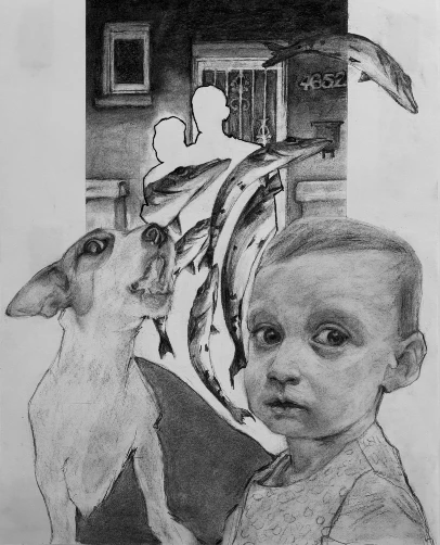 2026-05-04-student-art-show-opens-at-ccc A pencil drawing of a child and a dog in the foreground, with silhouetted figures and fish floating in the background