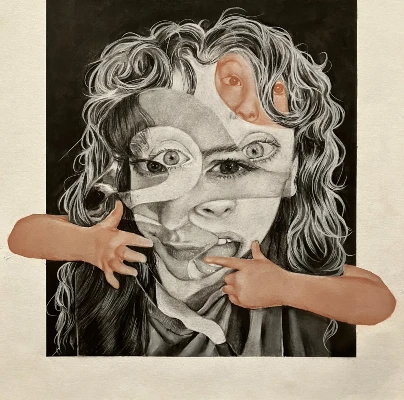 Student art show Artwork from CCC student art show: portrait with collage effect layering different facial features and angles