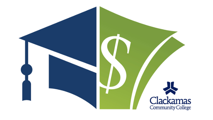 A split in half graduation cap design consisting of a dark blue cap icon on the left and a green design, with a dollar sign, on the right. The Clackamas Community College logo rests to the bottom right. 