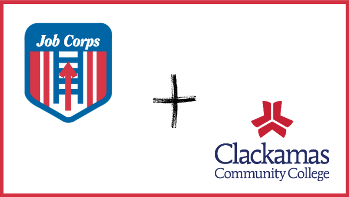 Job Corps logo and Clackamas Community College logo with a plus sign in between them.