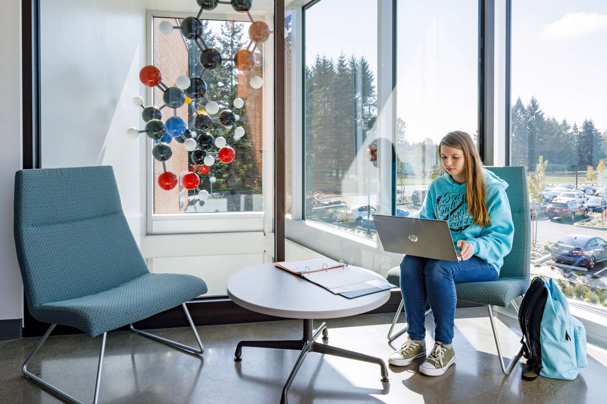 A student on her laptop in a DeJardin Hall study alcove A student on her laptop in a DeJardin Hall study alcove
