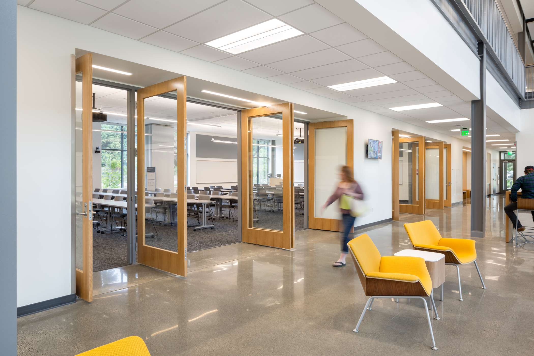 Open doors to a classroom in Harmony West's main lounge