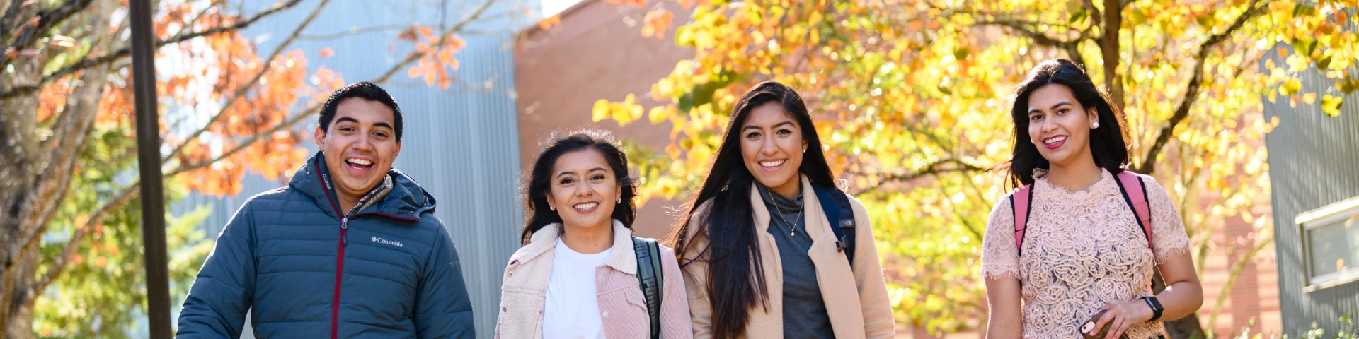 Group of four students walking on campus with background of fall foliage