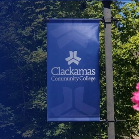 CCC logo banner attached to a post outside surrounded by flowers