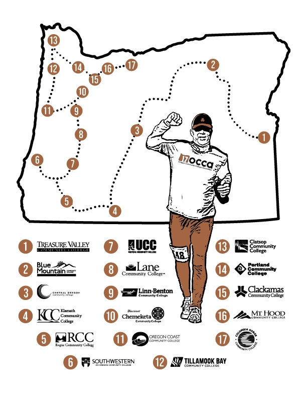 ROCCS numbered map w logos_TimFist_TshirtBack Marathon fundraiser map and community college locations