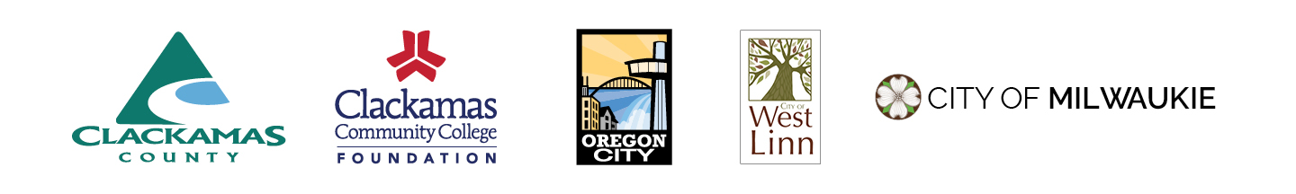 Logotipos para el condado de Clackamas, la Fundación CCC, la ciudad de Oregon, West Linn y la ciudad de Milwaukie Logotipos para el condado de Clackamas, la Fundación CCC, la ciudad de Oregon, West Linn y la ciudad de Milwaukie