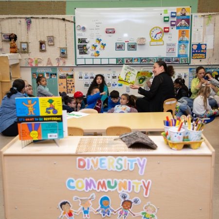 Classroom scene with children seated around a teacher reading a book aloud. "Diversity Community" is displayed prominently with colorful decor.