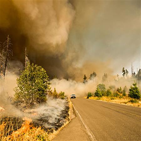 Emergency vehicle drives down forest road surrounded by wildfire smoke