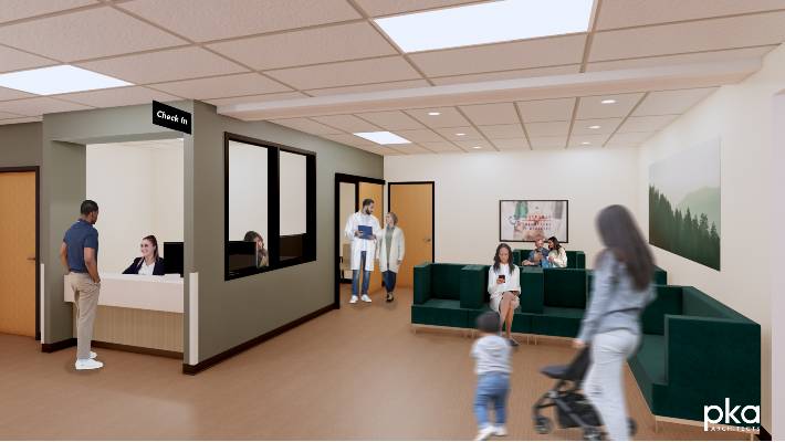 Rendered interpretation of the clinic's waiting room with patients waiting, staff walking around and interacting.