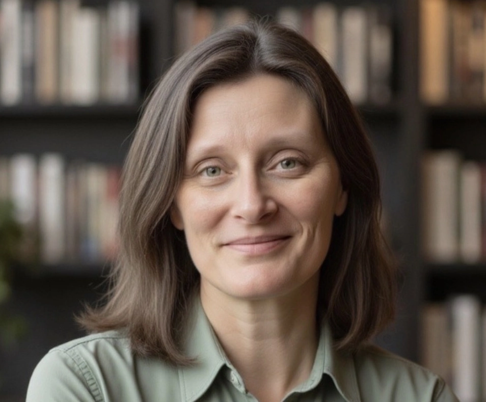 Photo of a person in front of a bookshelf